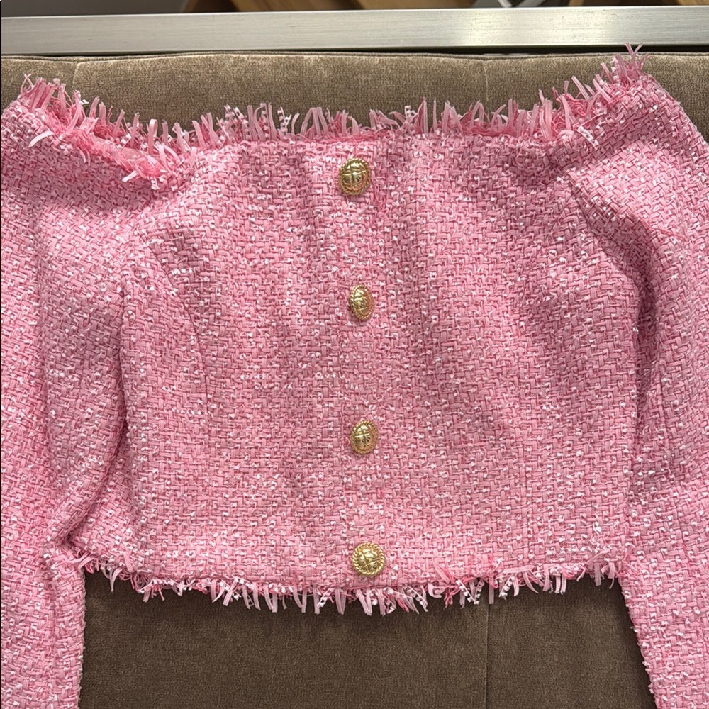 Endless rose Elegant Pink Off-Shoulder tweed shirt
